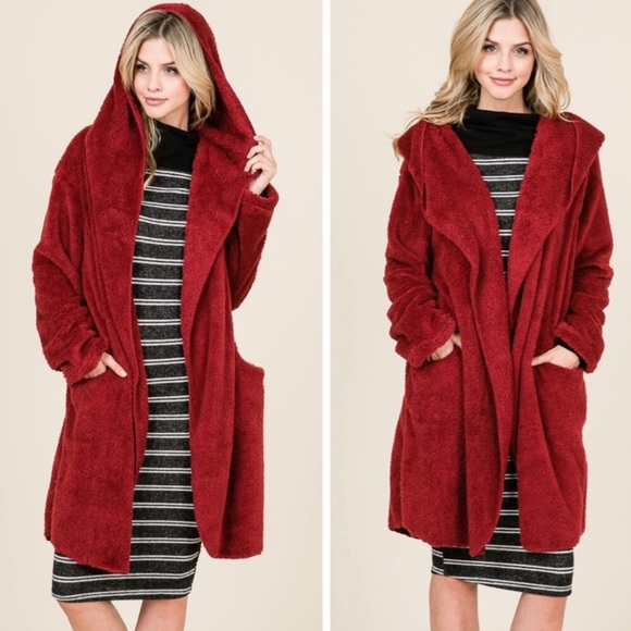Red Fuzzy Long Hooded Cardigan - Picture 1 of 4